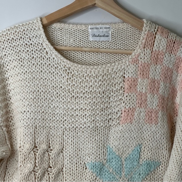 Vintage Distinction Ivory Chunky Hand Knit Crew Neck Sweater Sz L - Picture 5 of 10